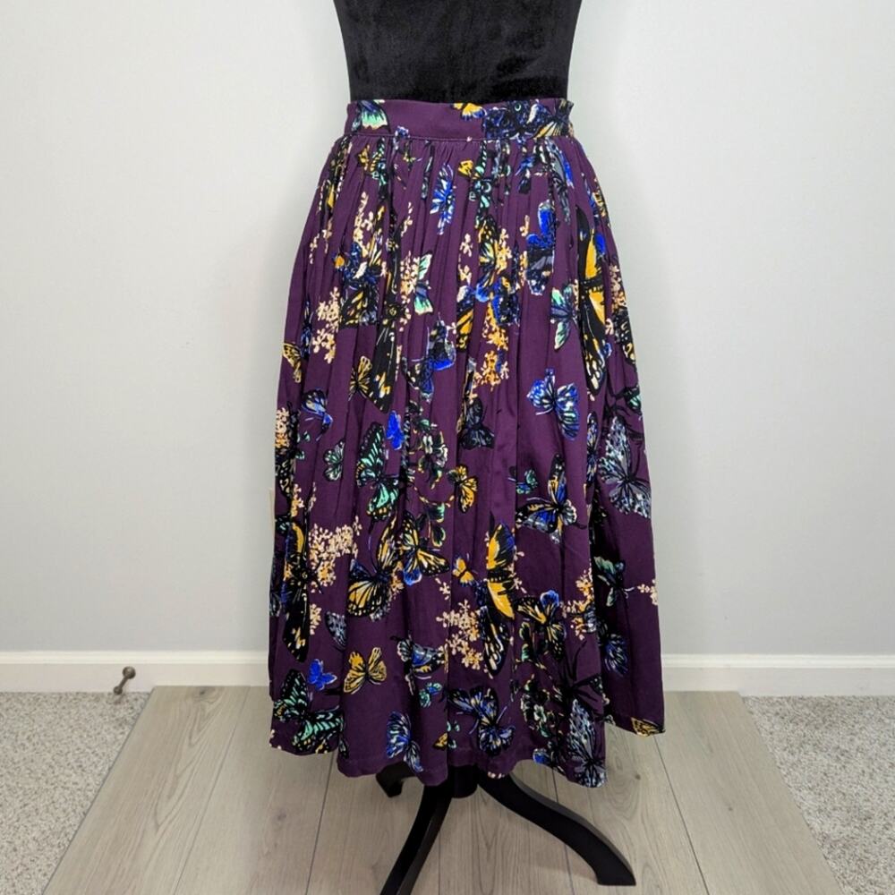 NWT Pinup Couture sz XS purple butterfly puckered semi circular skirt 50s flare